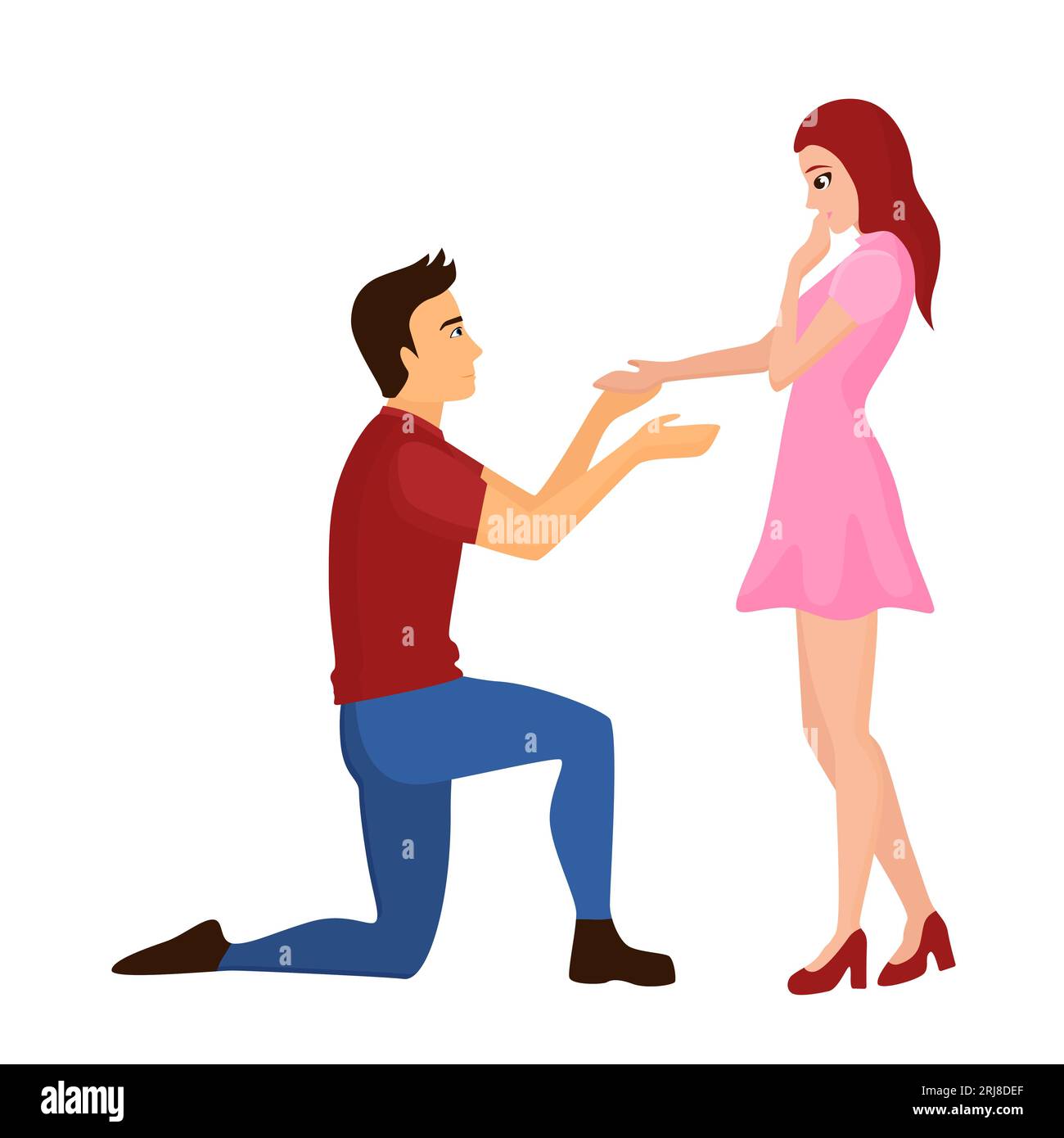 Un uomo che fa una proposta di matrimonio. Coinvolgimento di coppia, illustrazione vettoriale dei partner adorabili Illustrazione Vettoriale