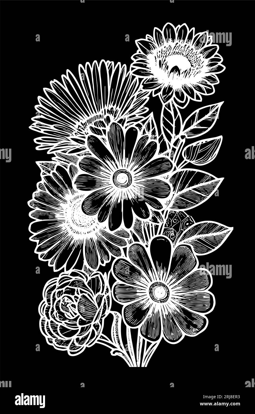 disegno grafico bianco di contorno di un bouquet di fiori su sfondo nero, disegno Foto Stock