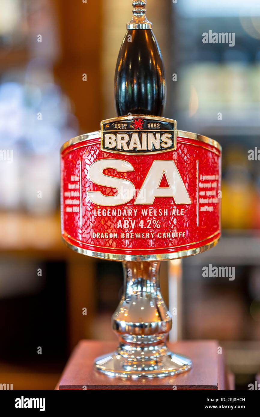 CARDIFF, GALLES - 1° GIUGNO: Birra Brains SA in vendita in un pub il 1° giugno 2023 a Cardiff, Galles. Foto Stock