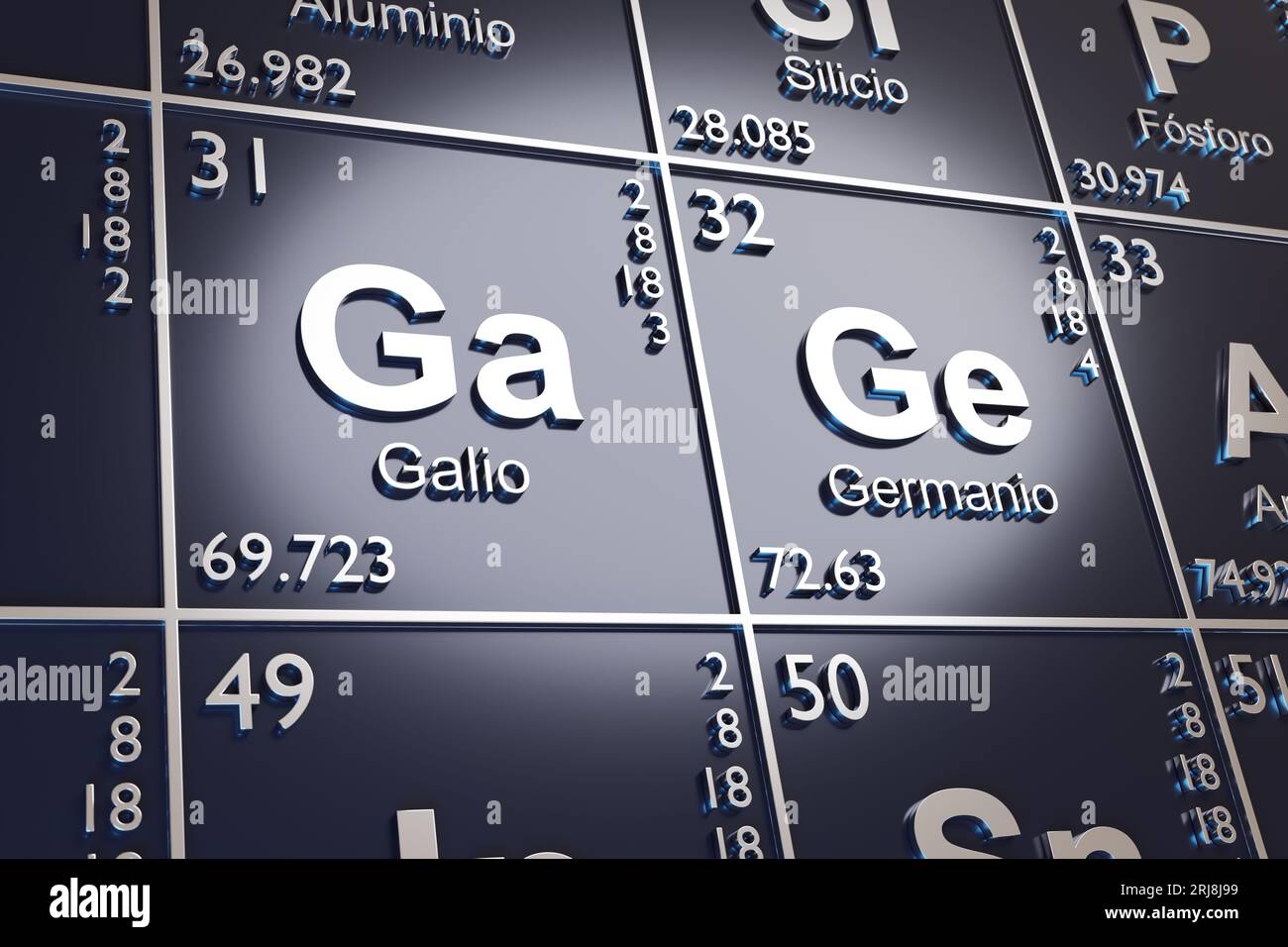 Gli elementi Gallium e Germanio sulla tavola periodica in spagnolo. illustrazione 3d. Foto Stock