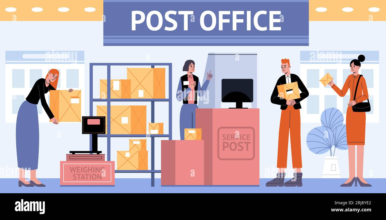 Persone nell'ufficio postale. Dipendenti e visitatori del servizio di consegna della posta. Calcolo dei costi. Spedizione di lettere e pacchi. Scatole di pesatura su bilance Illustrazione Vettoriale