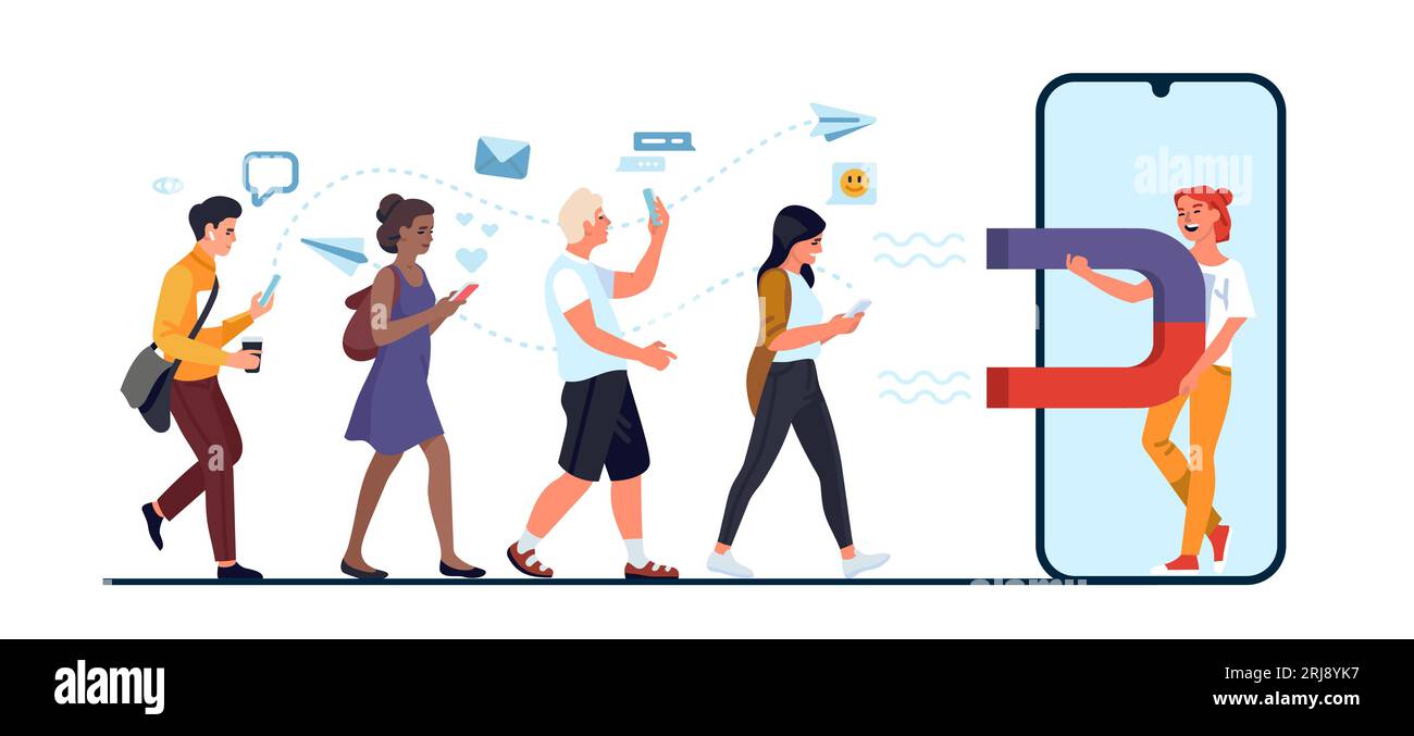 La ragazza attrae un grande magnete di abbonati. Genera lead. Schermata telefono. Persone che seguono blogger con lodestone. Tecnologia SMM per i social media Illustrazione Vettoriale