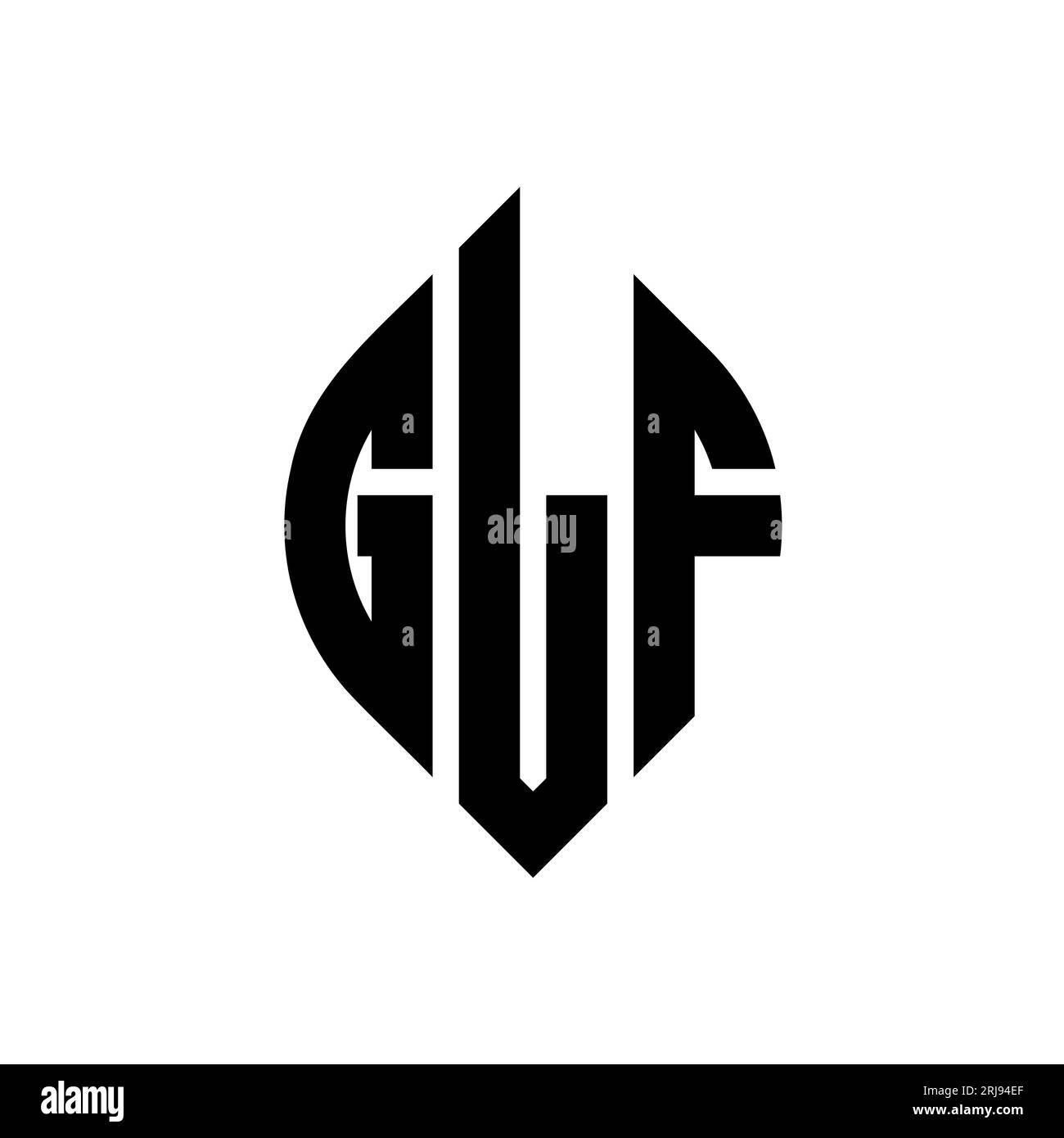 Logo a forma di lettera circolare con forma circolare ed ellisse. Lettere ELLITTICHE GLF con stile tipografico. Le tre iniziali formano un logo circolare. GLF ci Illustrazione Vettoriale