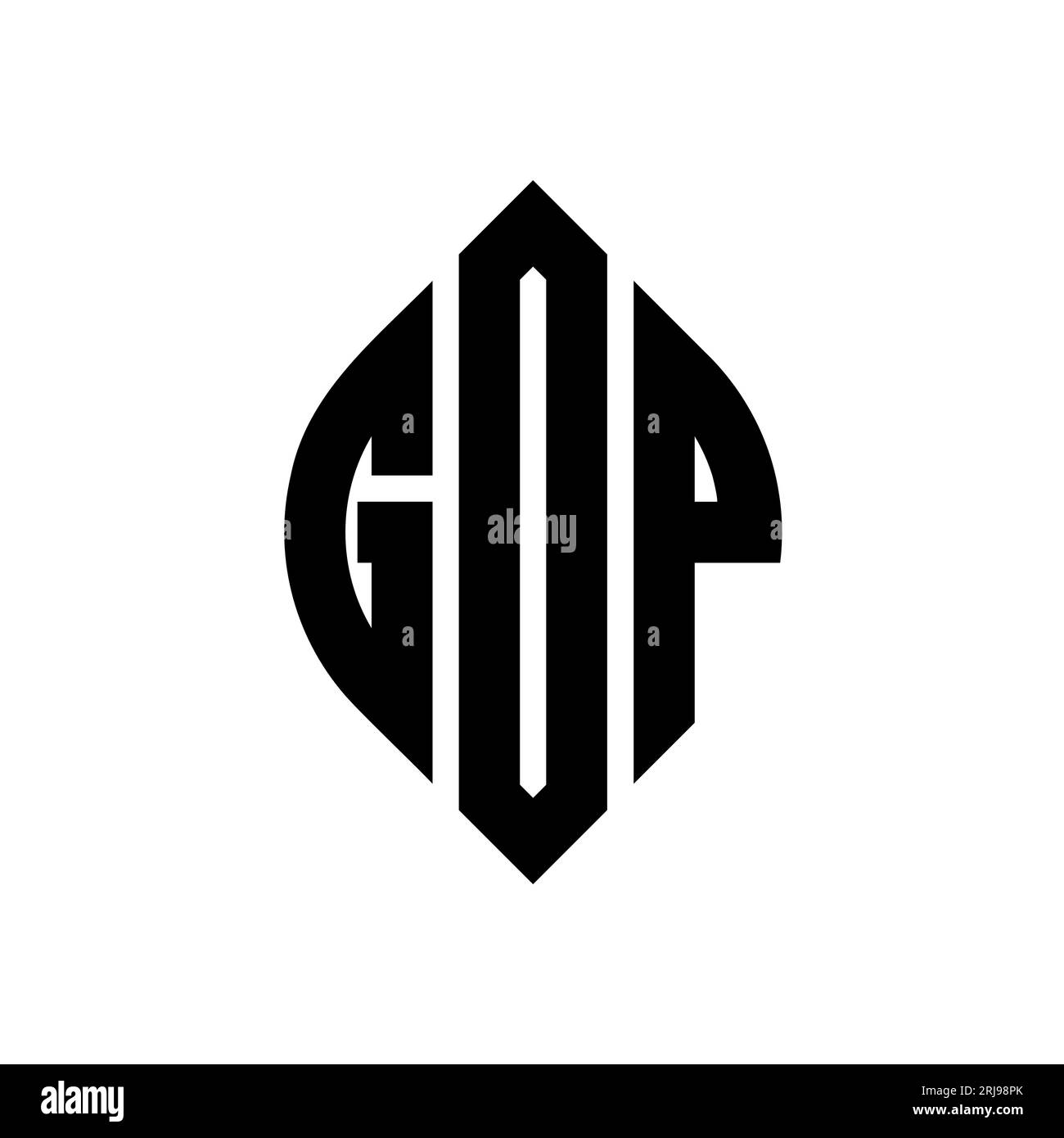 Logo GOP a forma di lettera circolare con forma circolare ed ellisse. Lettere di ellisse GOP con stile tipografico. Le tre iniziali formano un logo circolare. GOP ci Illustrazione Vettoriale