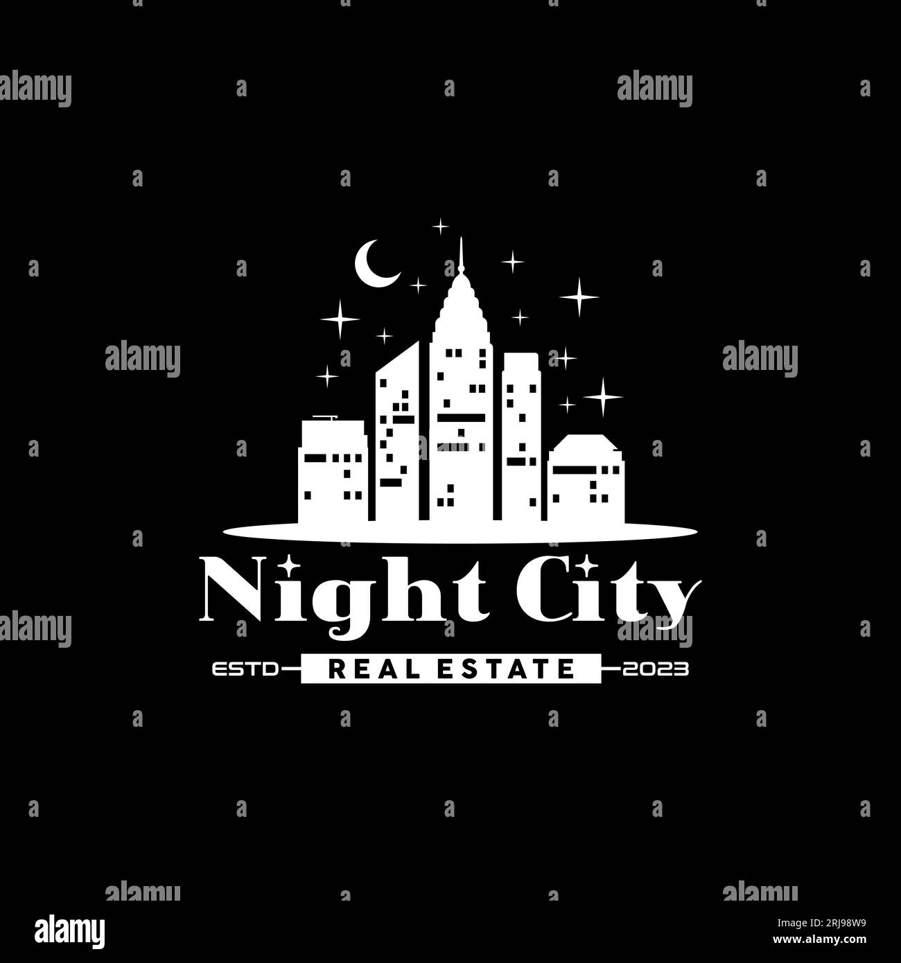 Skyline di Night City con logo a mezzaluna ispirato al design Illustrazione Vettoriale