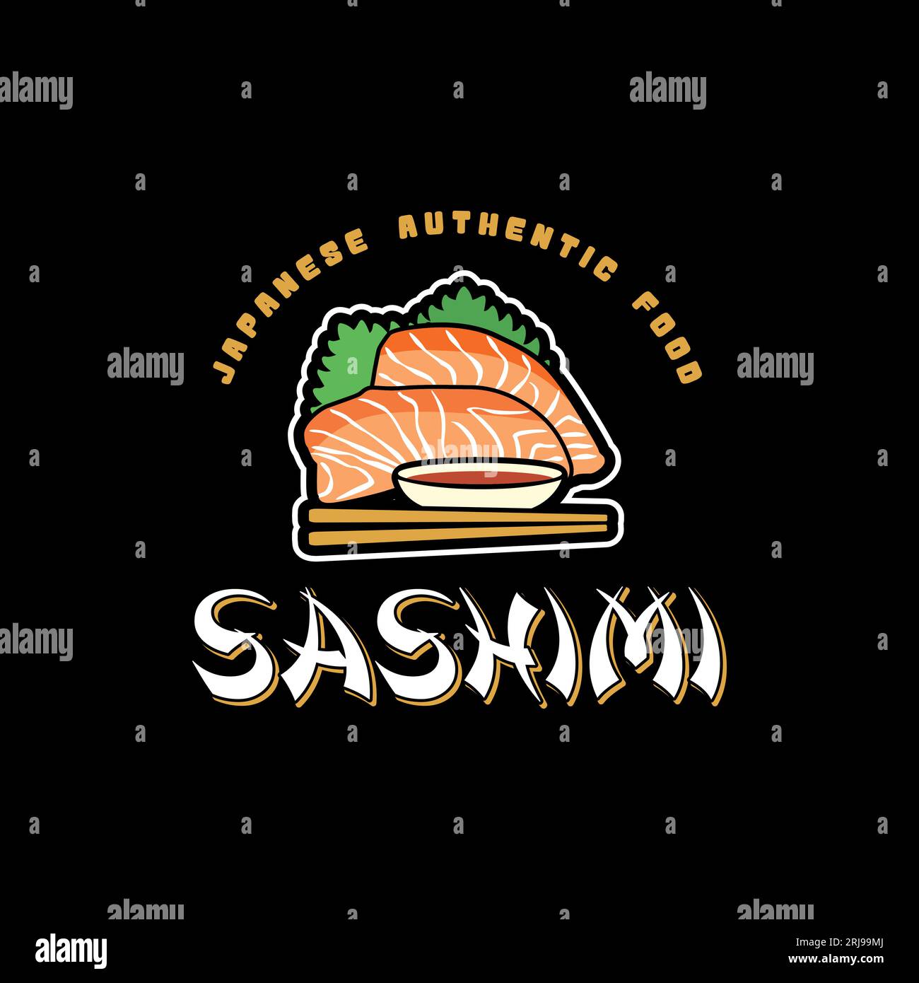 Autentico logo per il cibo giapponese, ispirazione per il design piatto con illustrazione Sashimi Illustrazione Vettoriale