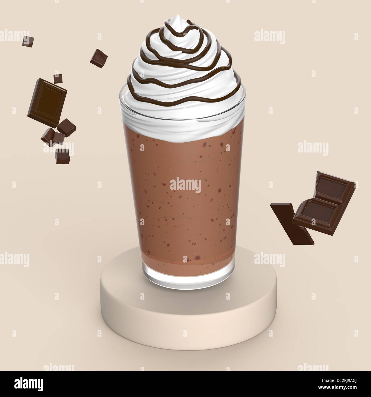 Concetto 3D di frappuccino con gocce di cioccolato con panna montata e cioccolato Foto Stock