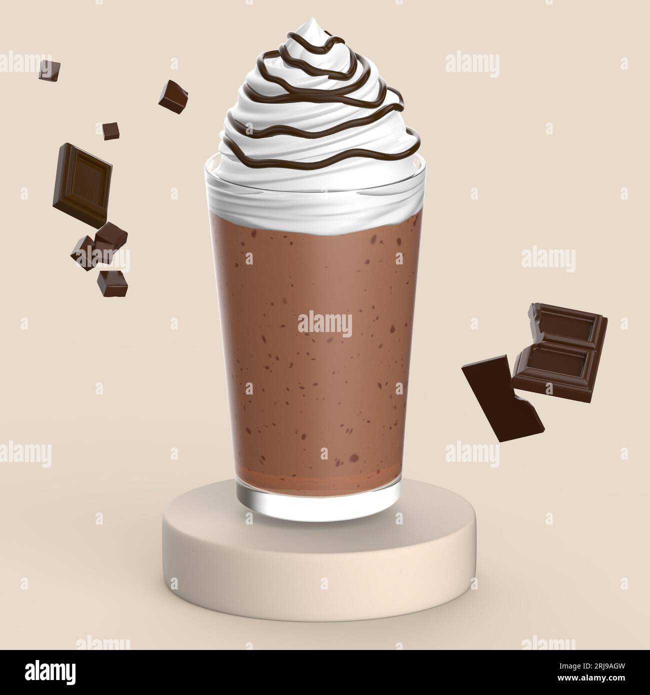 Concetto 3D di frappuccino con gocce di cioccolato con panna montata e cioccolato Foto Stock
