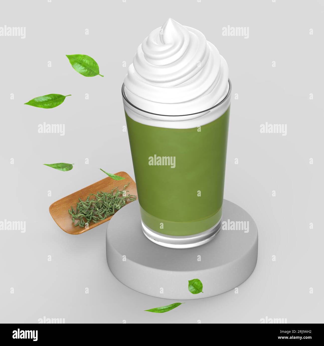 Concetto 3D di matcha frappuccino con panna montata e foglie di matcha Foto Stock