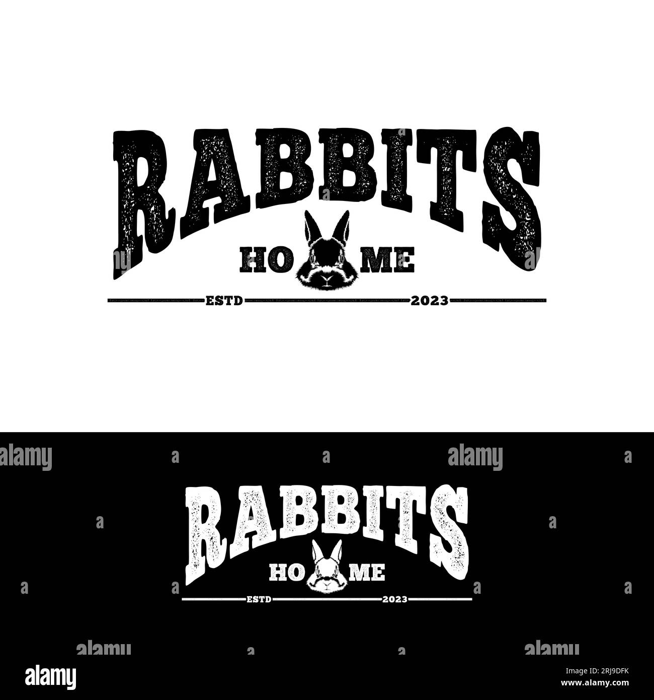Rabbit House Typography con Rabbit Bunny Head in affitto House, Hotel, marchio di abbigliamento, clinica per animali, design di logo veterinario Illustrazione Vettoriale