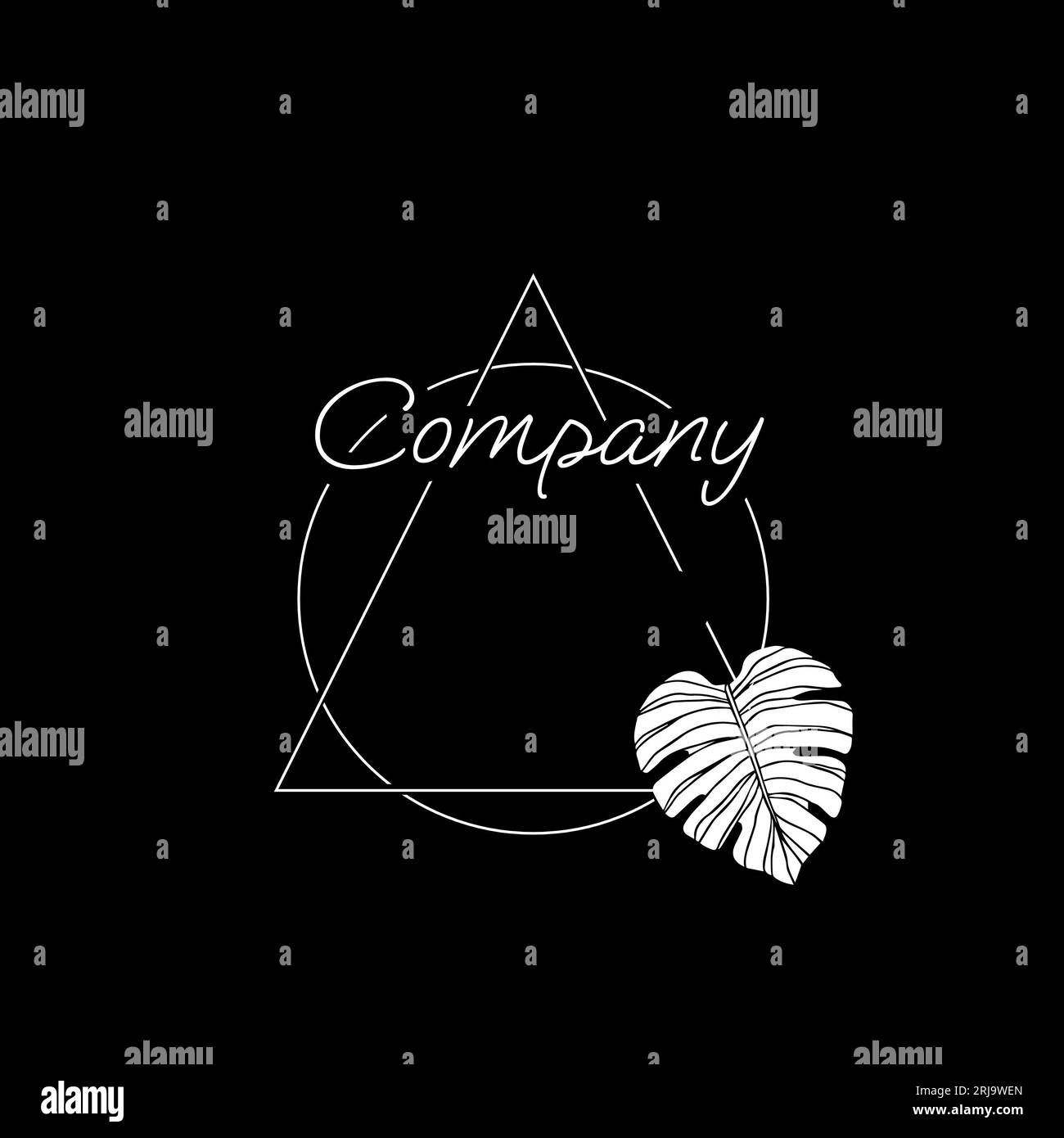 Illustrazione del testo aziendale con triangolo, cerchio e foglia su sfondo nero, spazio di copia Foto Stock
