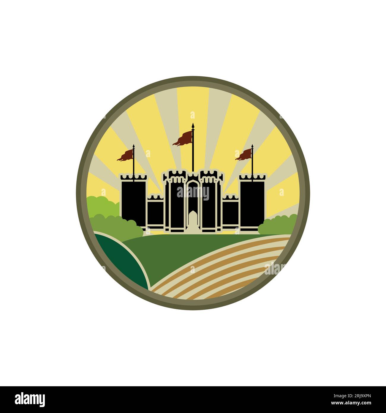 Illustrazione dell'etichetta con il logo Kingdom o Castle and Farm Illustrazione Vettoriale