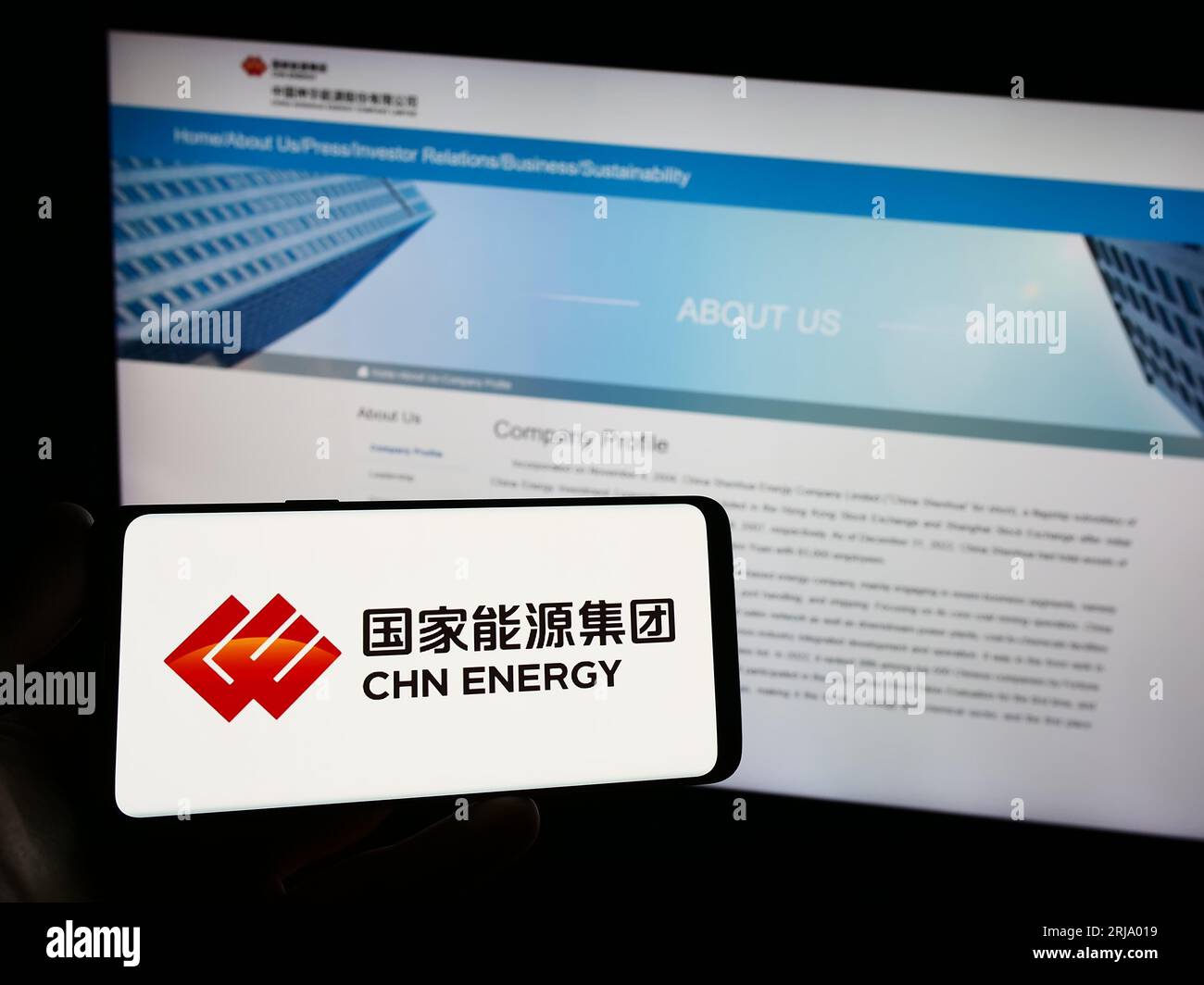 Persona che possiede uno smartphone con il logo della società China Energy Investment Corporation sullo schermo di fronte al sito Web. Concentrarsi sul display del telefono. Foto Stock