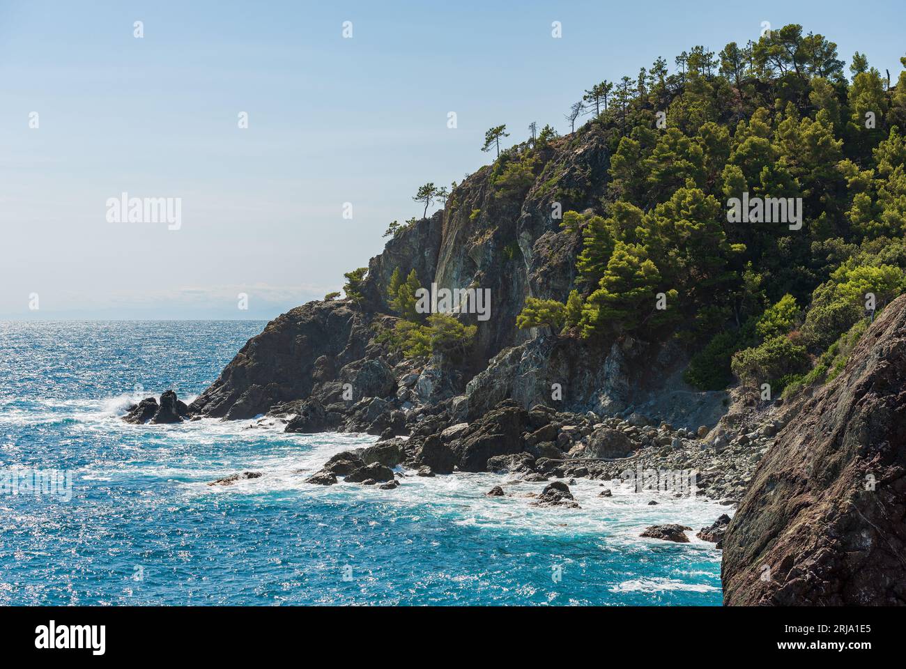 Costa rocciosa e scogliere con il blu del Mediterraneo, tra il piccolo paese di Framura e Bonassola, cinque Terre, la Spezia, Liguria, Italia. Foto Stock