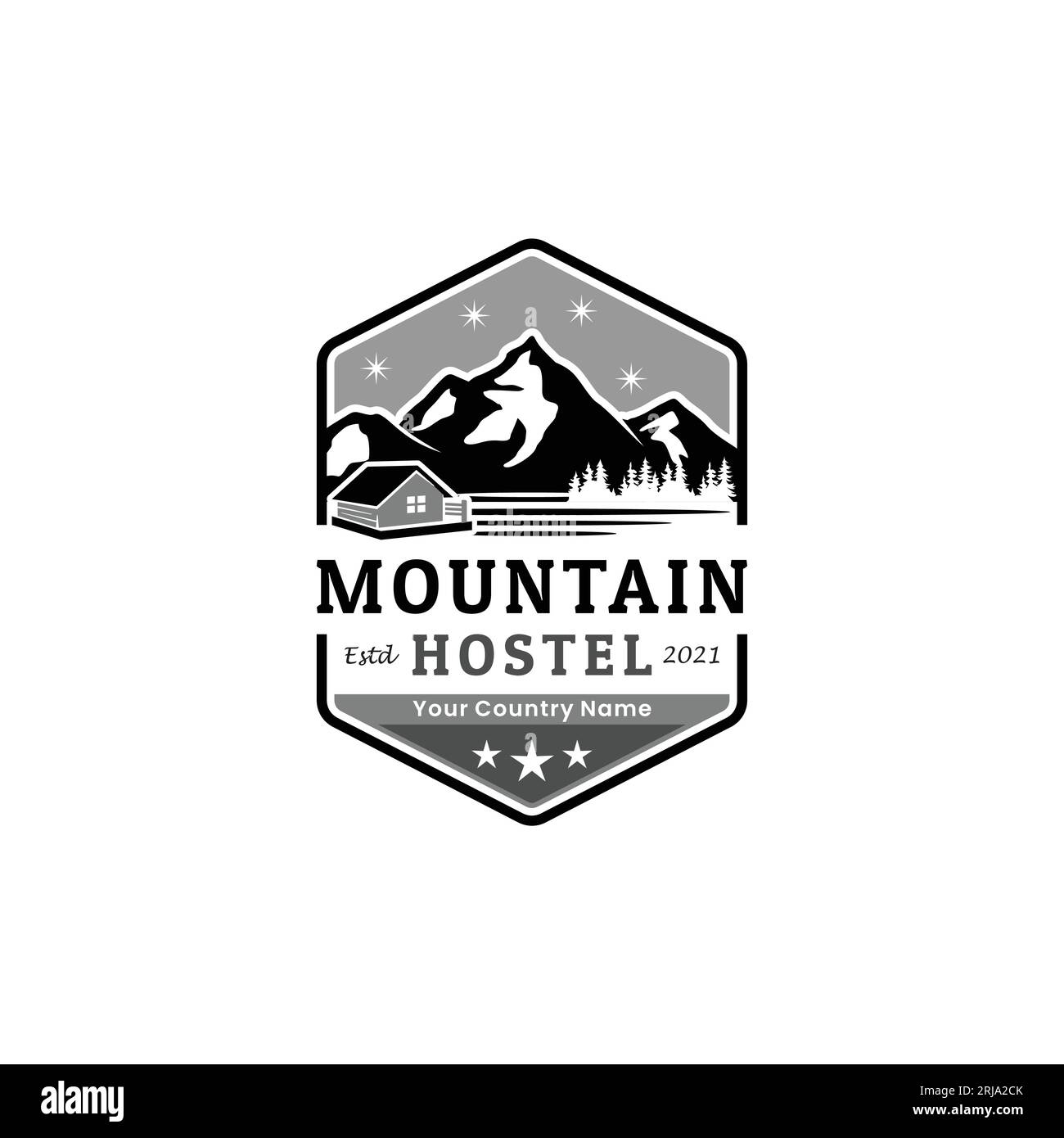 Logo esagono montagna e case per hotel, affitti o ville in campagna ispirazione per il design Illustrazione Vettoriale