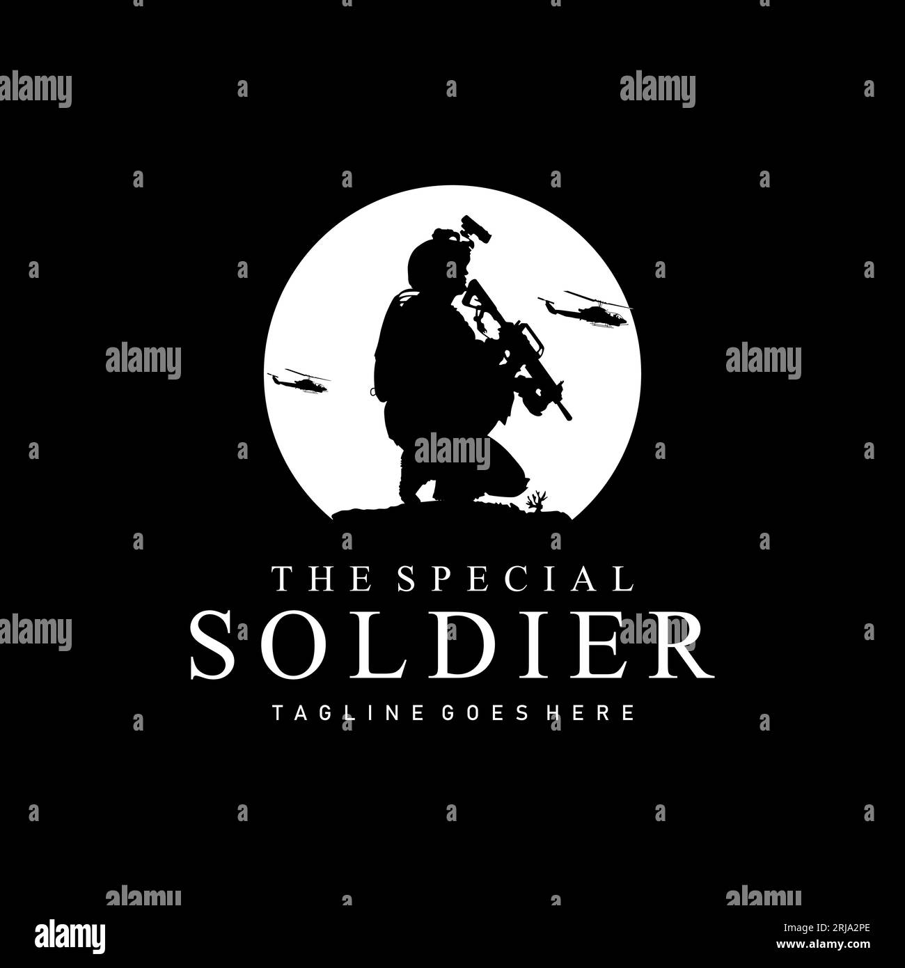 Sagoma dei soldati in guerra, comandante Logo che porta armi Illustrazione Vettoriale