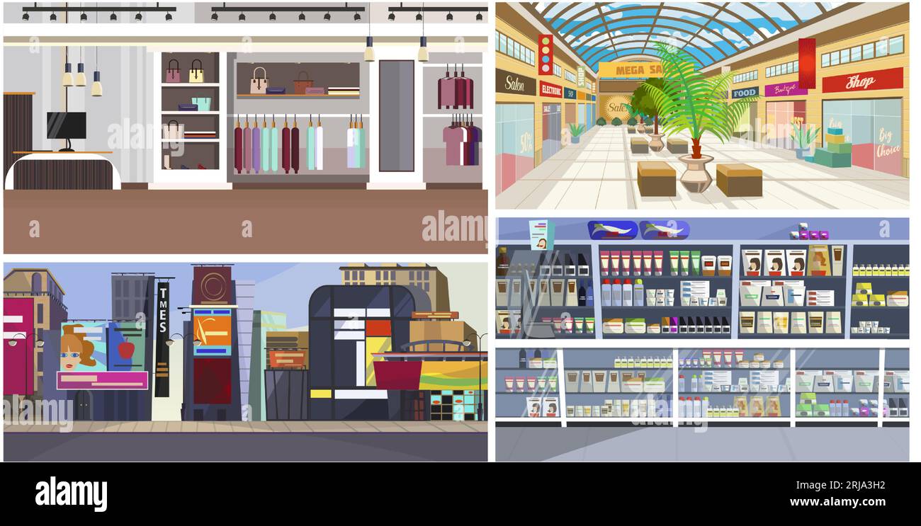 Set di illustrazioni vettoriali piatte dei centri commerciali Illustrazione Vettoriale