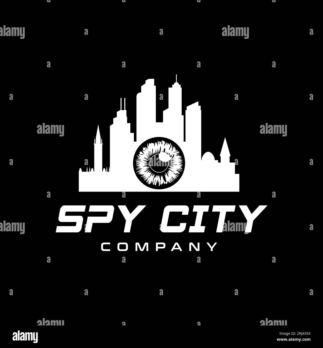 Edificio urbano e oculare per il logo spia della città, telecamera di sorveglianza, architettura, appaltatore, immobiliare Illustrazione Vettoriale