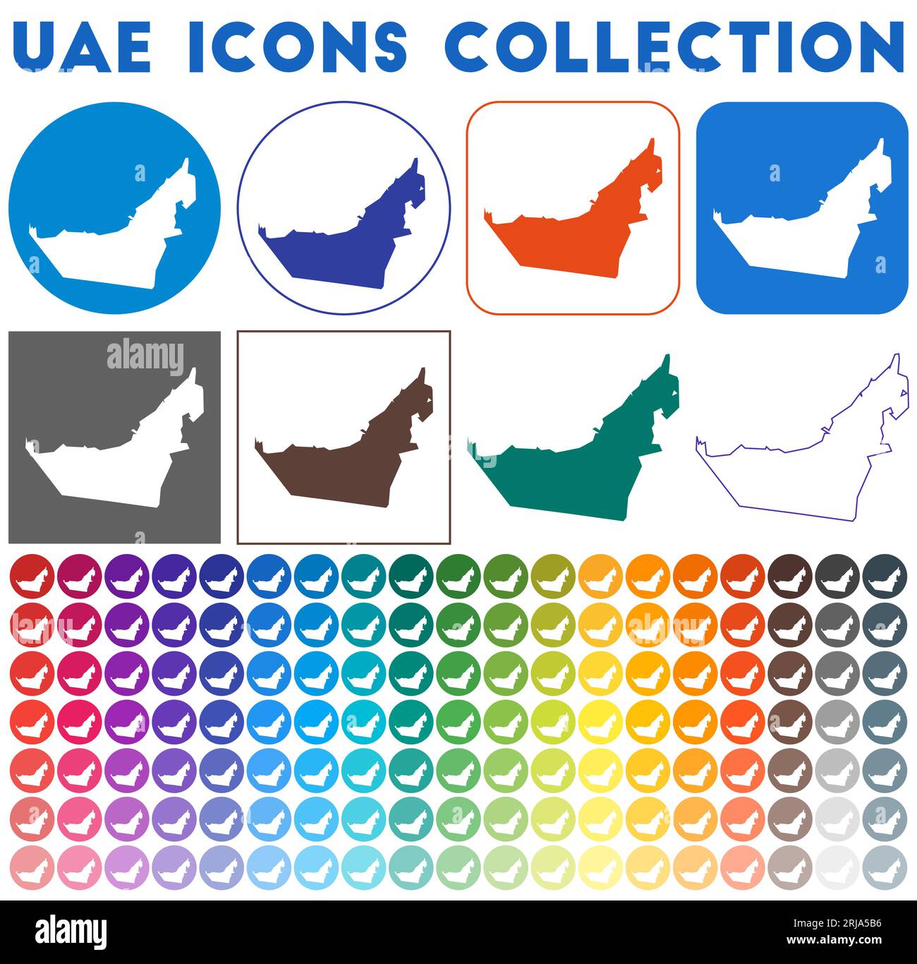 Collezione di icone degli Emirati Arabi Uniti. Icone della mappa colorate e alla moda. Distintivo moderno degli Emirati Arabi Uniti con mappa del paese. Illustrazione vettoriale. Illustrazione Vettoriale