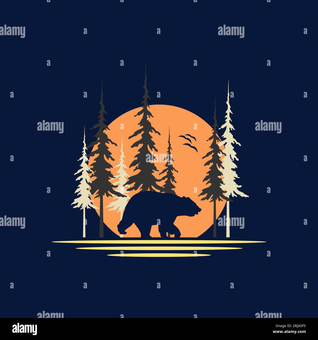 Orso che cammina di notte con sfondo Full Moon per il logo Wild Nature Illustrazione Vettoriale