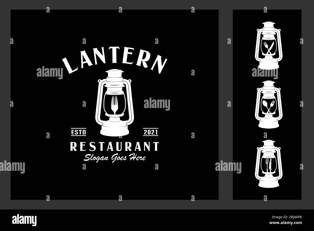 Lanterna Antica , coltello a cucchiaio con forchetta per Lanterna in kerosene per l'ispirazione del design del logo del ristorante Illustrazione Vettoriale