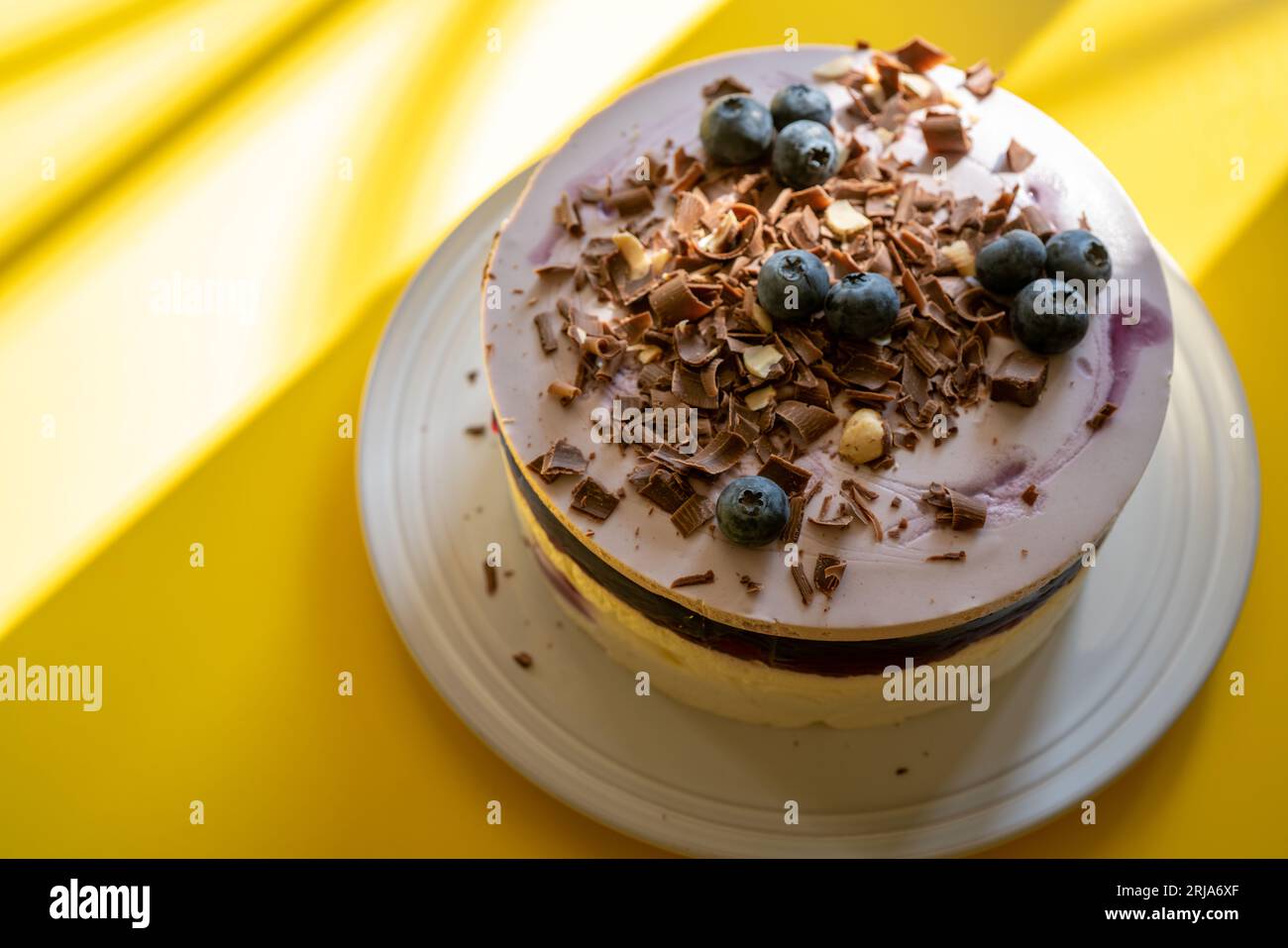 Deliziosa torta ai mirtilli con goccia di cioccolato sulla parte superiore. Foto Stock