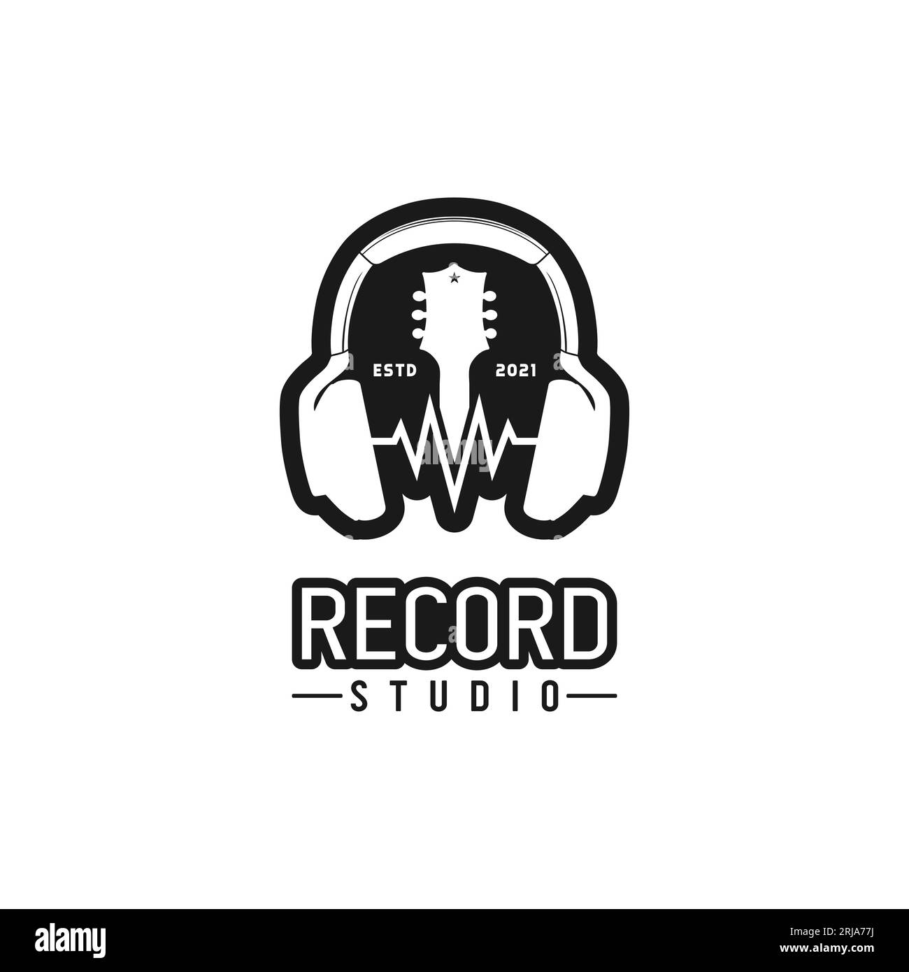 Cuffie, chitarra Head Studio Recording, logo Sound Wave Illustrazione Vettoriale