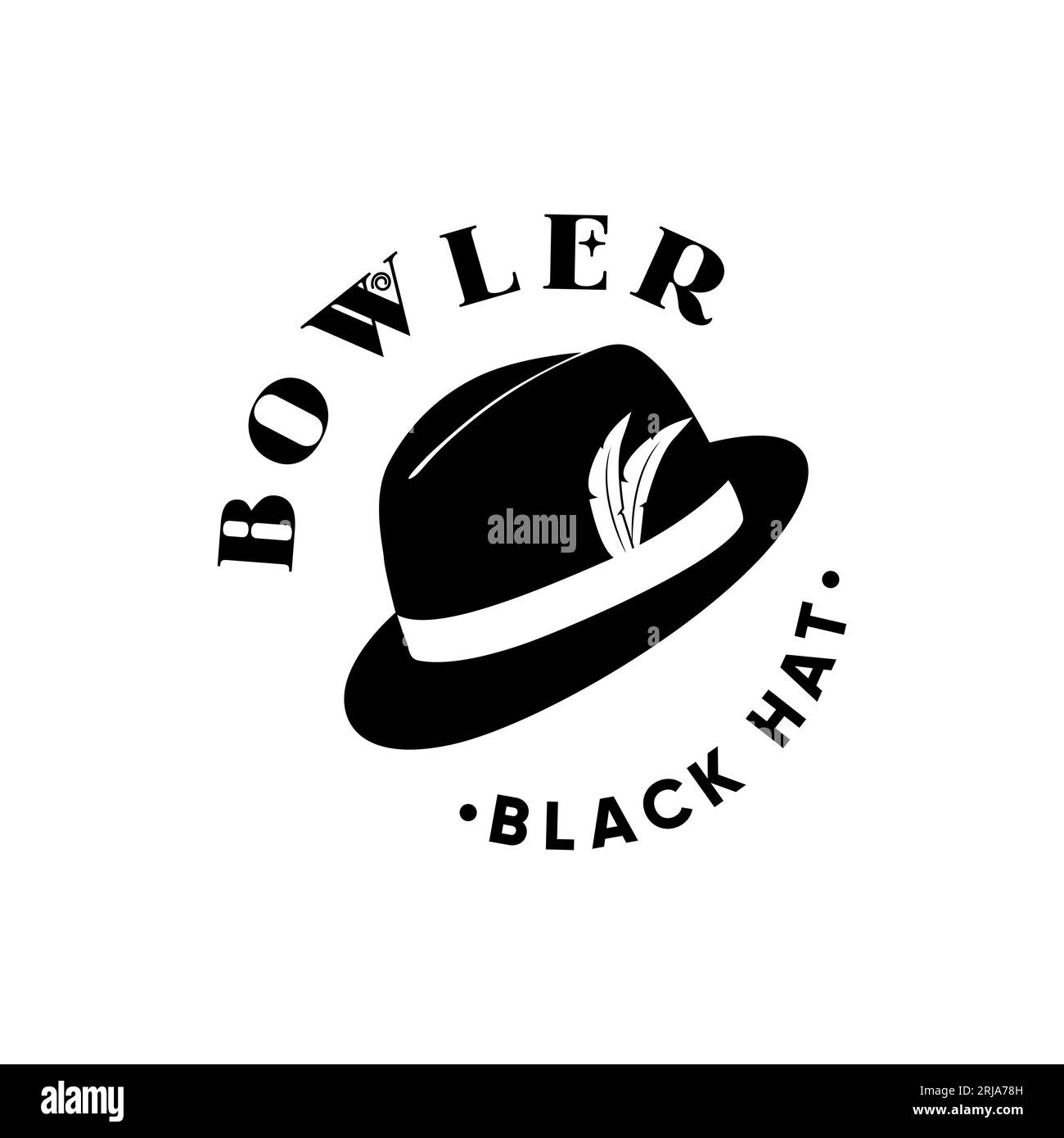 Cappello Bowler nero con logo in piuma stile vintage retro Illustrazione Vettoriale