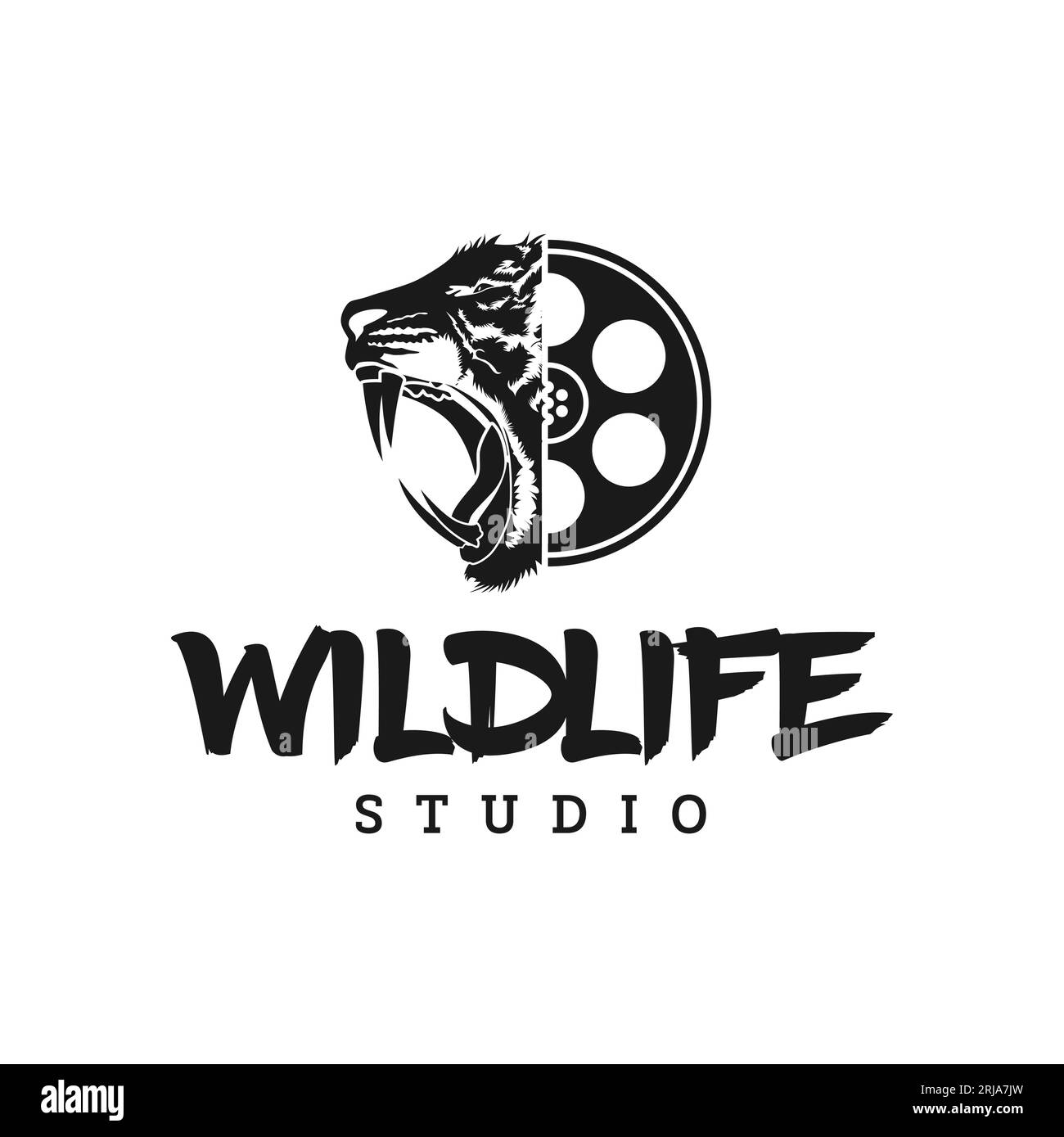 Bobina di film e logo ruggente Tiger per ispirazione nel design della produzione cinematografica Illustrazione Vettoriale