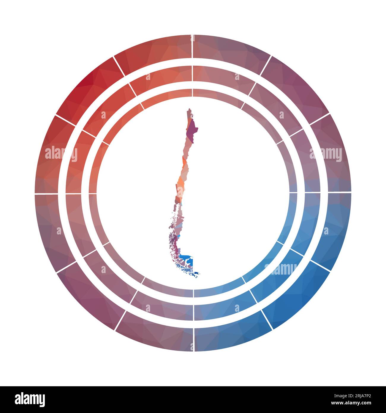 Distintivo del Cile. Logo color grigio brillante in stile poly basso. Simbolo cileno multicolore arrotondato con mappa in stile geometrico per infografiche. Illustrazione Vettoriale