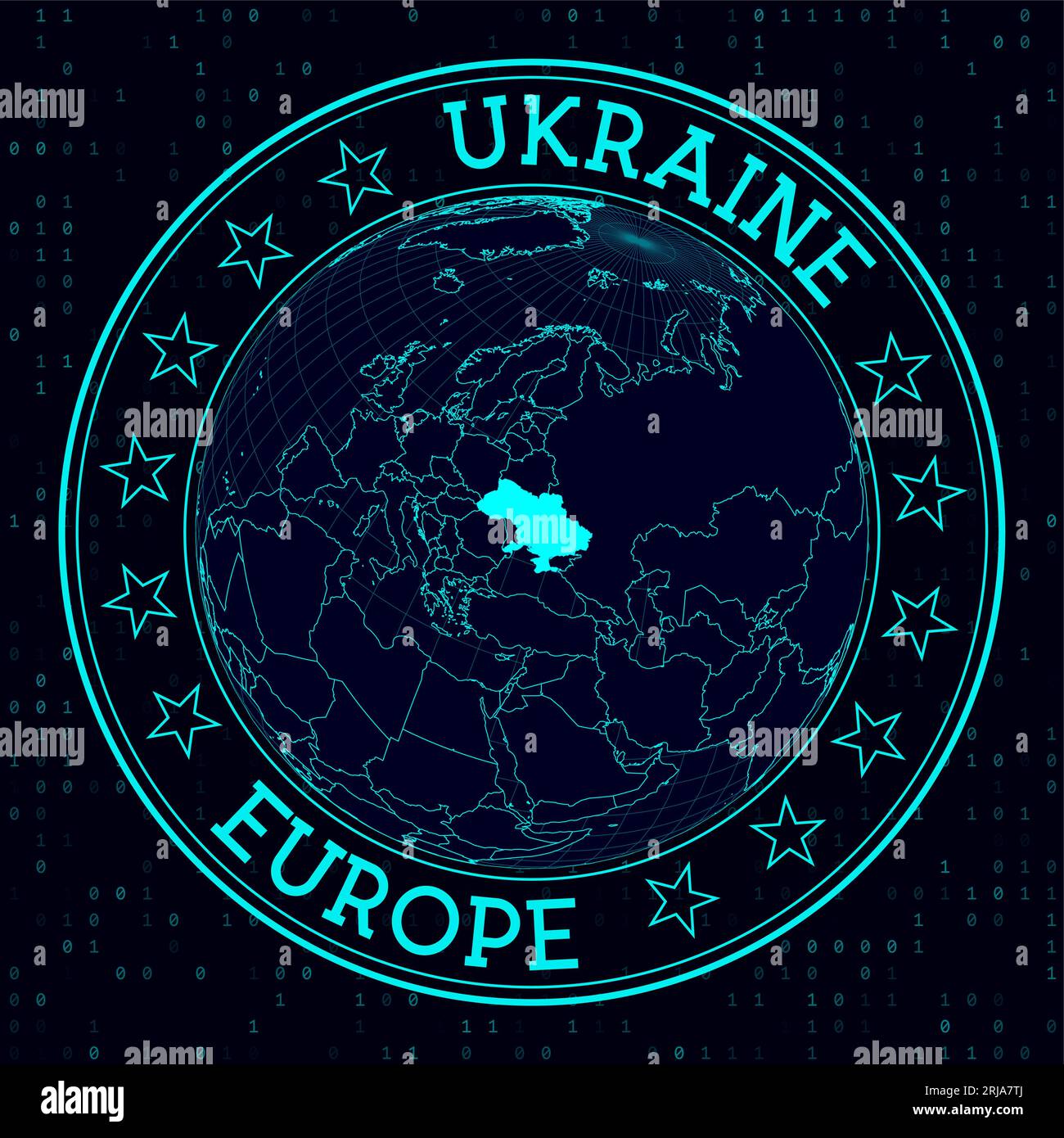 Ucraina, segno rotondo. Futuristica visione satellitare del mondo incentrata sull'Ucraina. Badge geografico con mappa, testo rotondo e sfondo binario. Illustrazione Vettoriale