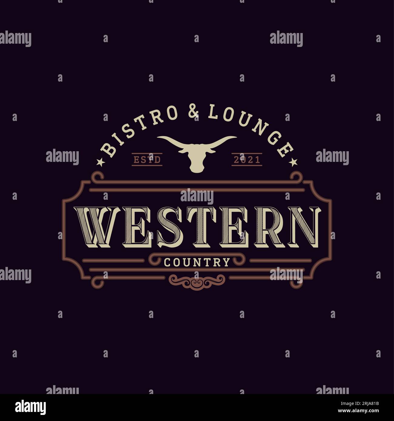 Emblema vintage per bar o ristorante Western con logo ispirato al design dell'icona Long Horn Illustrazione Vettoriale