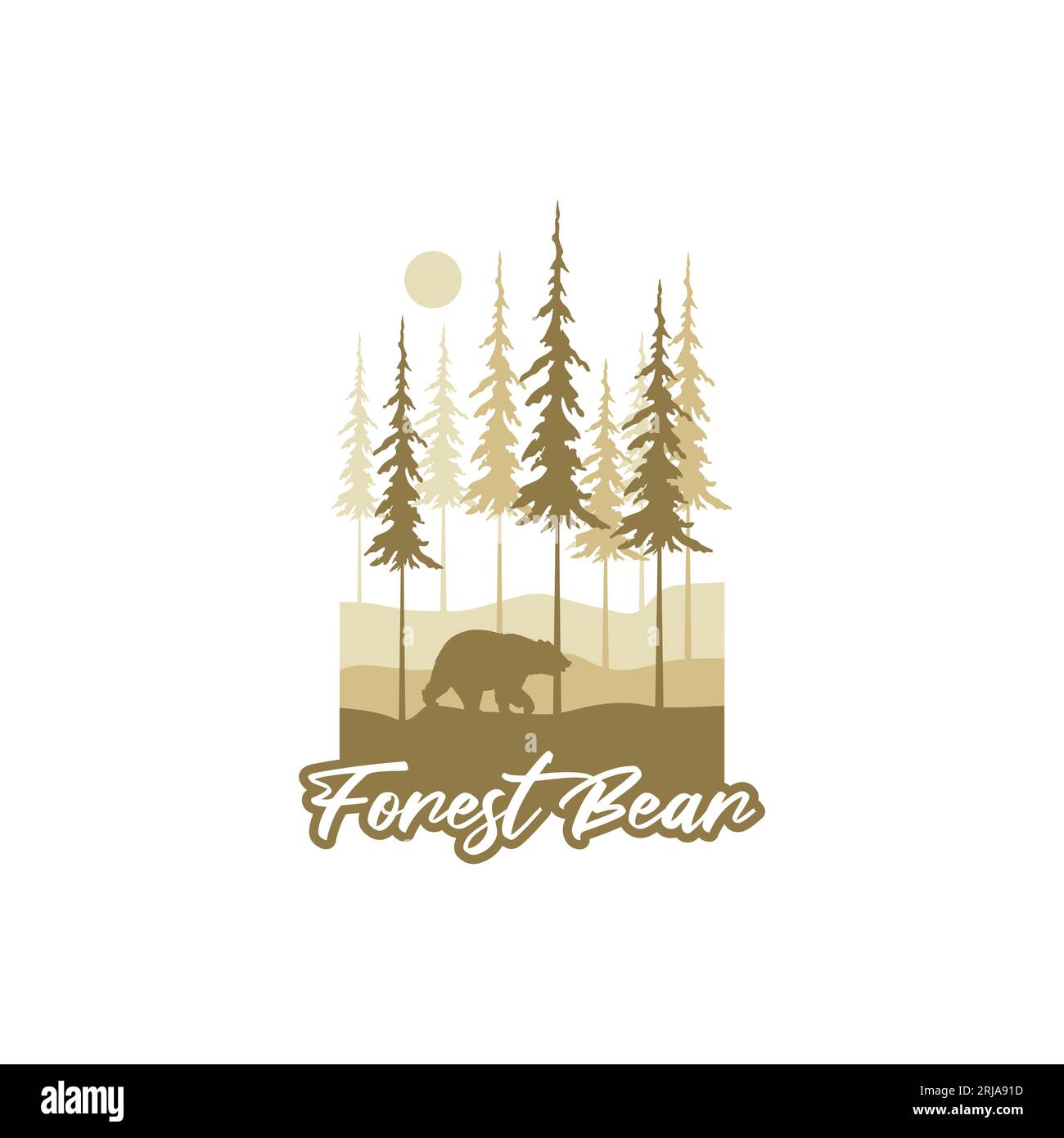 Foresta di pini con silhouette Orso interni sereni in stile foresta sempreverde con logo Illustrazione Vettoriale