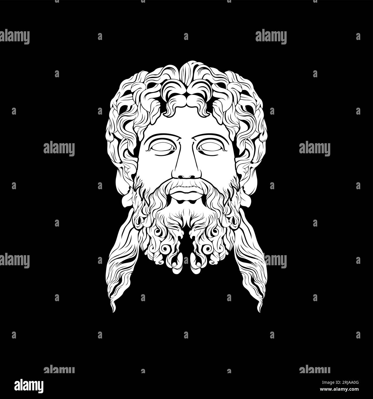 Antico Dio greco Scultura filosofo volto come Zeus Tritone Nettuno con il logo barba e baffi Illustrazione Vettoriale