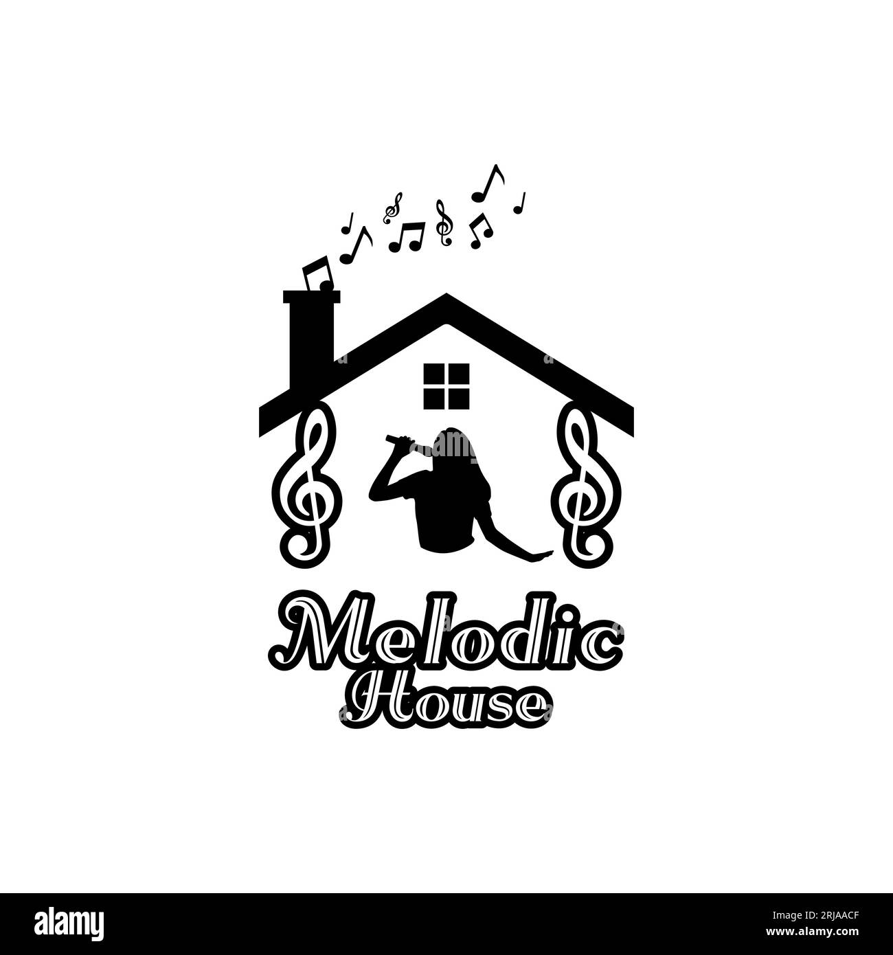 Logo Karaoke House con silhouette di donna che canta e tono Illustrazione Vettoriale