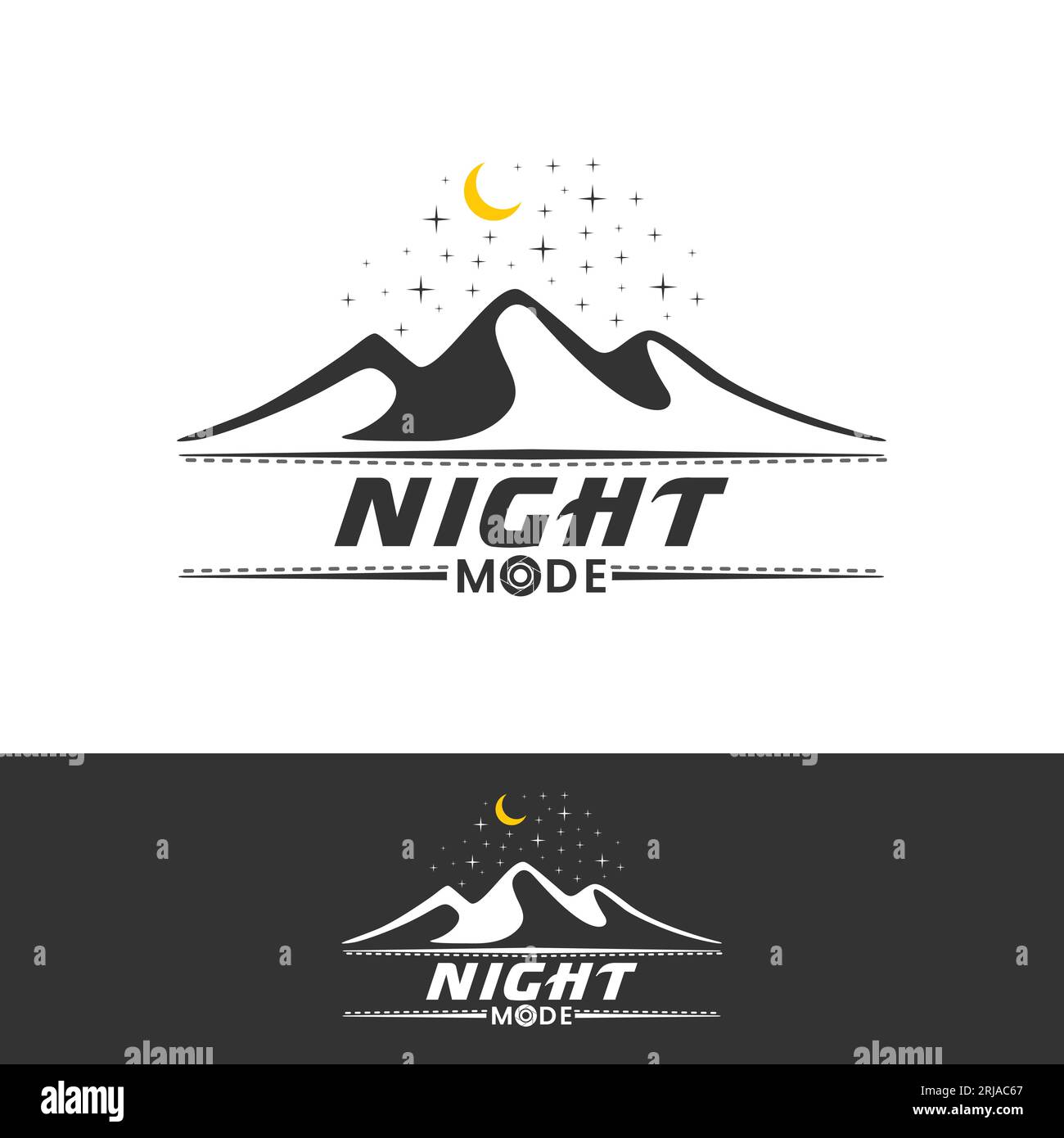 Apertura obiettivo otturatore in modalità scrittura con Mountain Night per ispirazione per il design del logo del fotografo Illustrazione Vettoriale