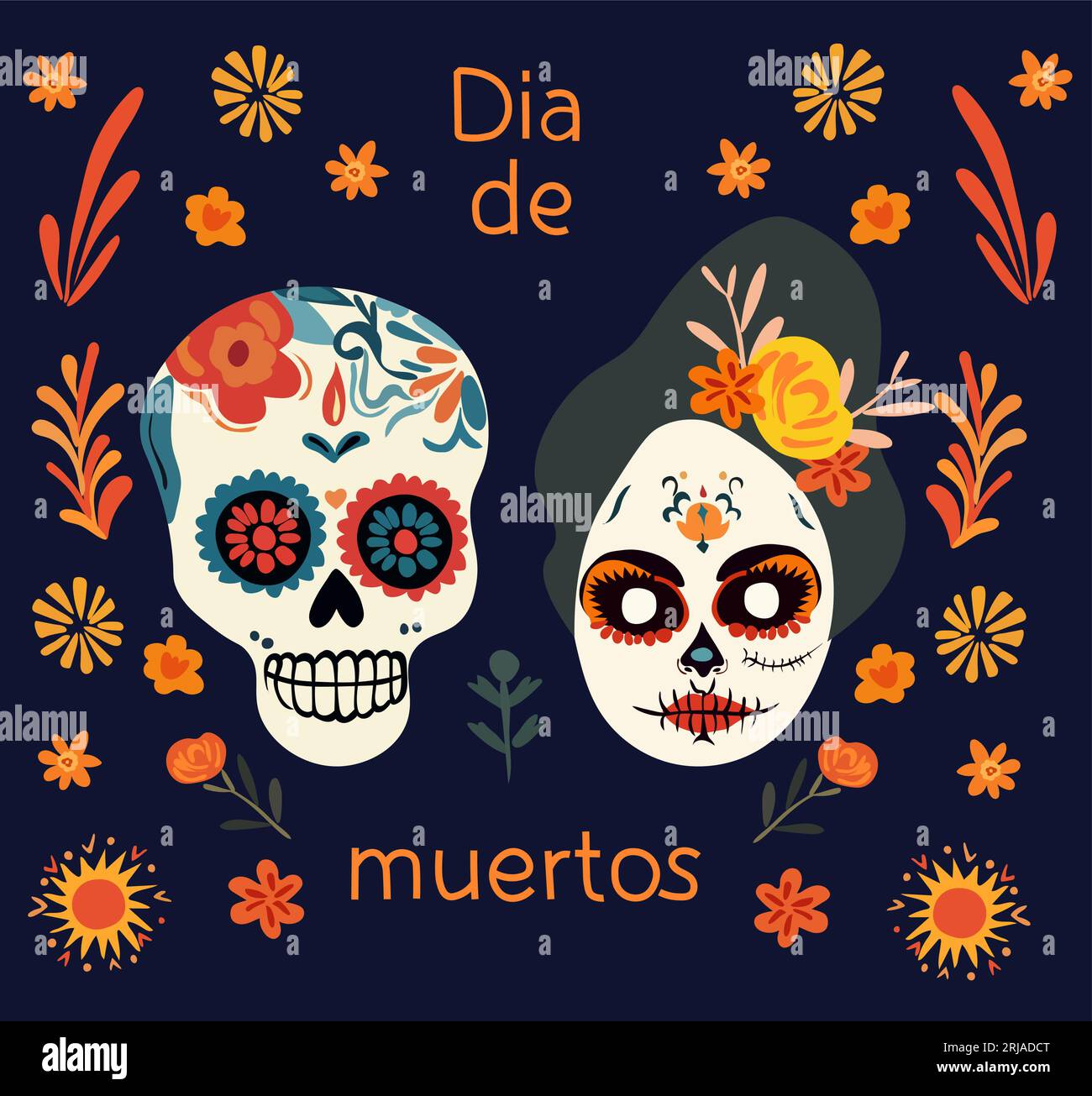 Dia de los Muertos, celebrazione del giorno dei morti in Messico con  teschio e fiori e foglie colorate. Design vettoriale per poster, banner e  schede. Vettore Immagine e Vettoriale - Alamy