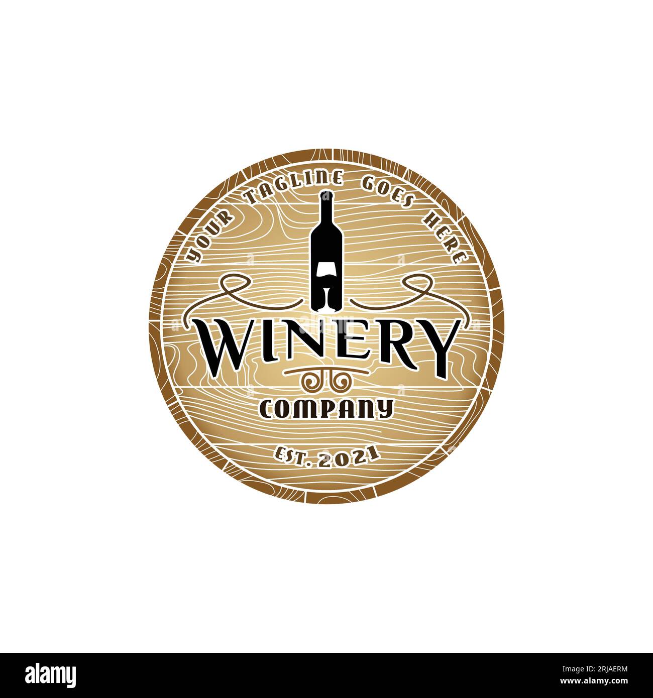 Logo dell'azienda vinicola d'epoca, botte di legno con vetro e bottiglia di vino Vector Illustrazione Vettoriale