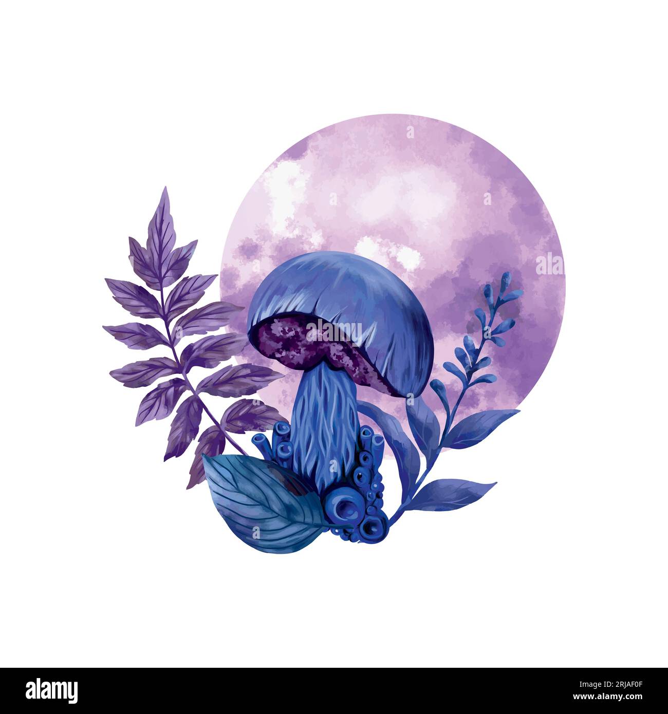 Funghi e foglie sullo sfondo della luna. Illustrazione vettoriale sul tema dell'esoterismo e di halloween. Biglietti d'auguri, inviti, copertine. Illustrazione Vettoriale