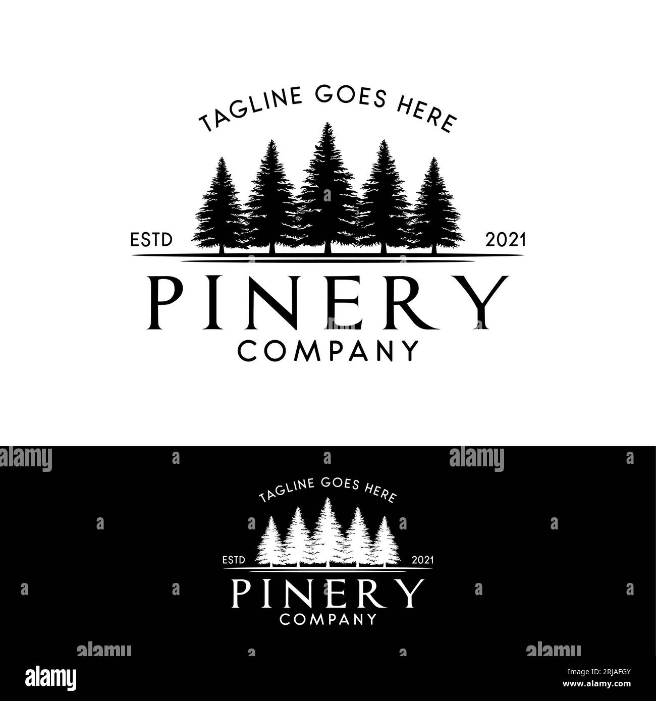 Logo foresta di pino o abete, logo Evergreen Pinery Illustrazione Vettoriale