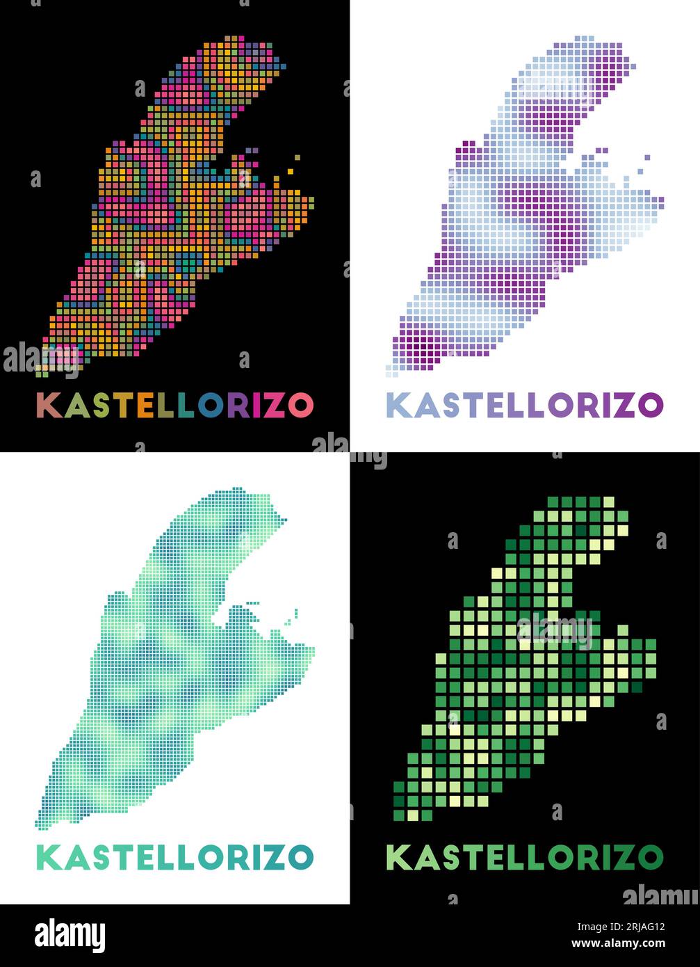 Mappa di Kastellorizo. Collezione della mappa di Kastellorizo in stile punteggiato. Bordi dell'isola pieni di rettangoli per il tuo progetto. Illustrazione Vettoriale