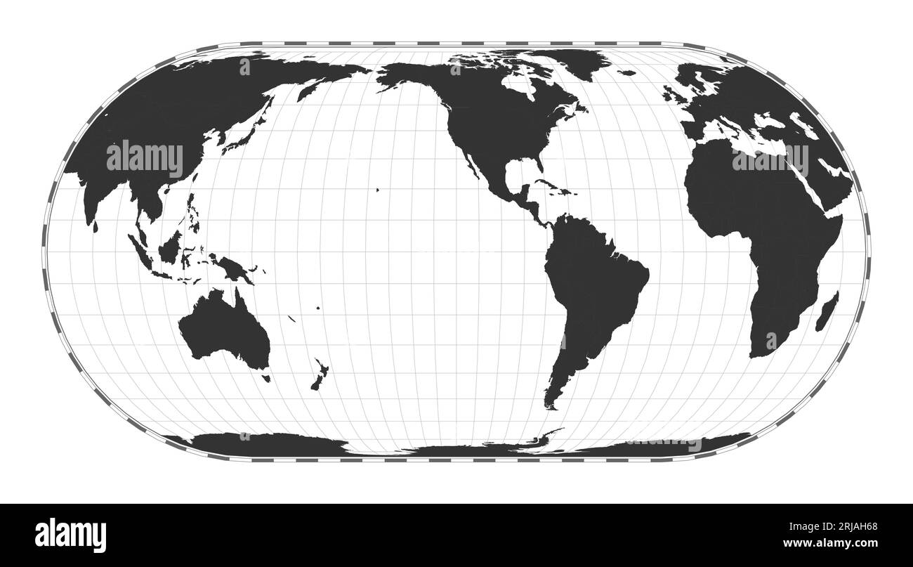 Mappa vettoriale del mondo. Proiezione pseudocilindrica di Herbert Hufnagel a pari area. Mappa geografica del mondo pianeggiante con linee di latitudine e longitudine. Illustrazione Vettoriale
