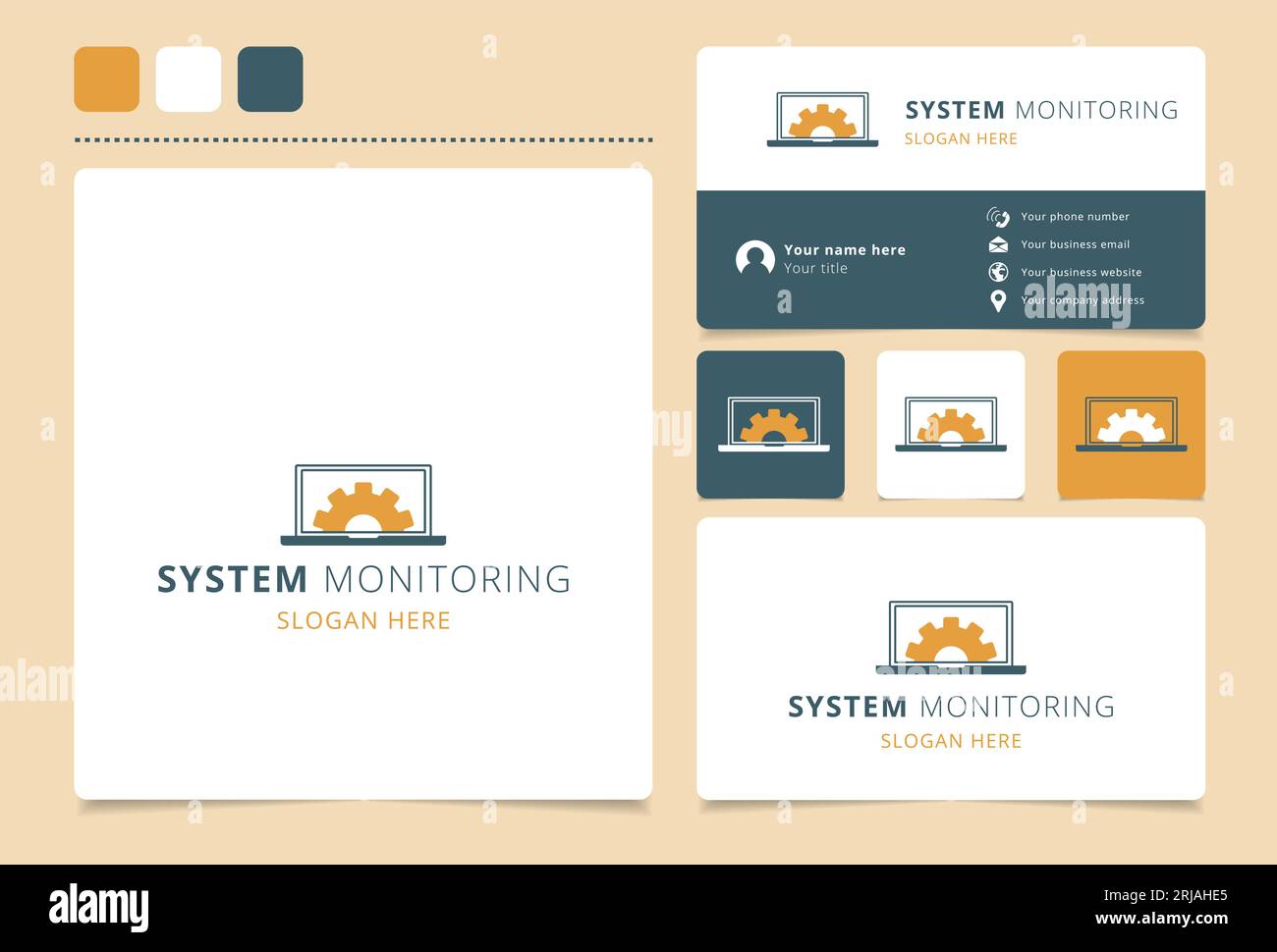 Design del logo di monitoraggio del sistema con slogan modificabile. Libro di branding e modello di biglietto da visita. Illustrazione Vettoriale