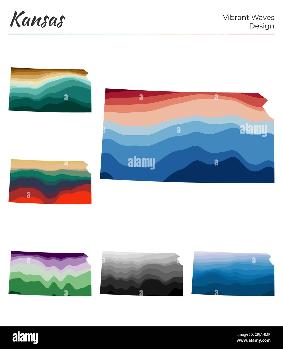 Serie di mappe vettoriali del Kansas. Design dalle onde vibranti. Mappa luminosa dello stato degli Stati Uniti in stile geometrico con curve uniformi. Mappa multicolore del Kansas per il tuo progetto. Illustrazione Vettoriale