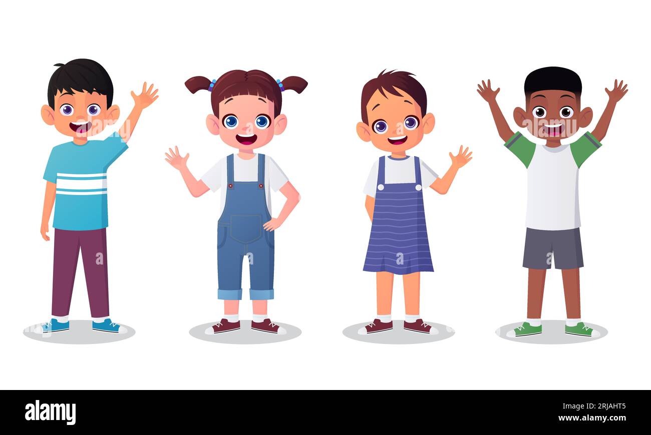 Simpatici carini carini cartoni animati che salutano e salutano in varie pose, Happy Boys and Girls with Hands Raised Vector Illustration Illustrazione Vettoriale