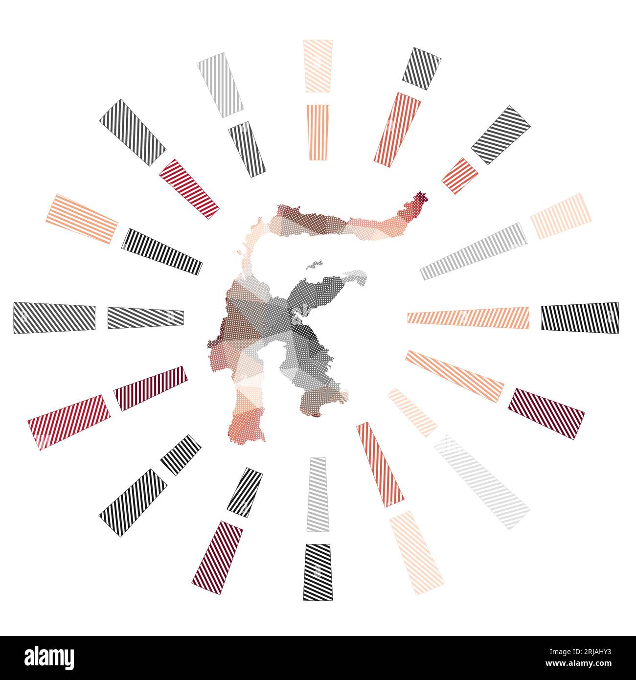 Sulawesi Sunburst. Basse razze a strisce poly e mappa dell'isola. Straordinaria illustrazione vettoriale. Illustrazione Vettoriale
