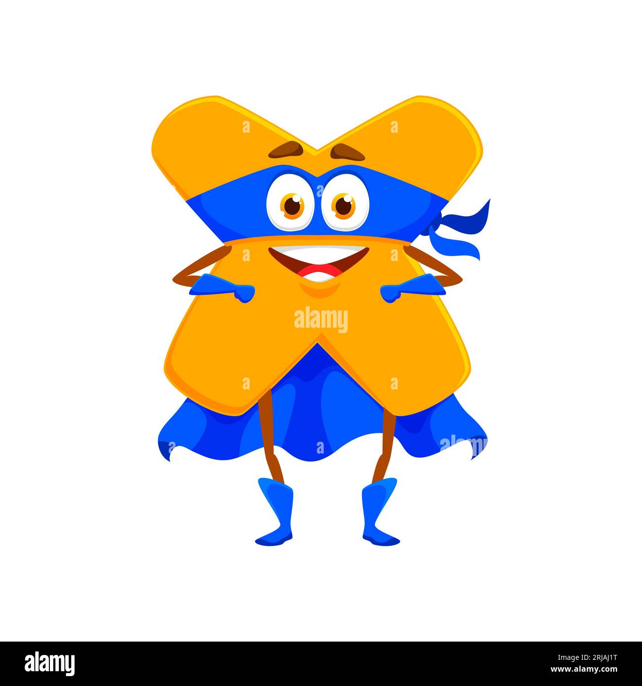 Numero del segno di moltiplicazione matematica dei cartoni animati personaggio supereroe. Matematica vettoriale isolata e segno aritmetico per le equazioni. Personaggio con grandi occhi Illustrazione Vettoriale