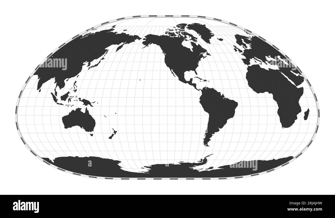 Mappa vettoriale del mondo. Proiezione Loximuthal. Mappa geografica del mondo pianeggiante con linee di latitudine e longitudine. Centrato a 120° e longitudine. Illustrazione Vettoriale