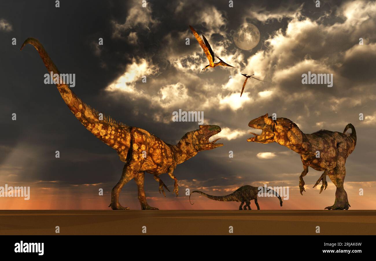 Allosaurus Dinosaurs e altre creature dell'era giurassica Foto Stock