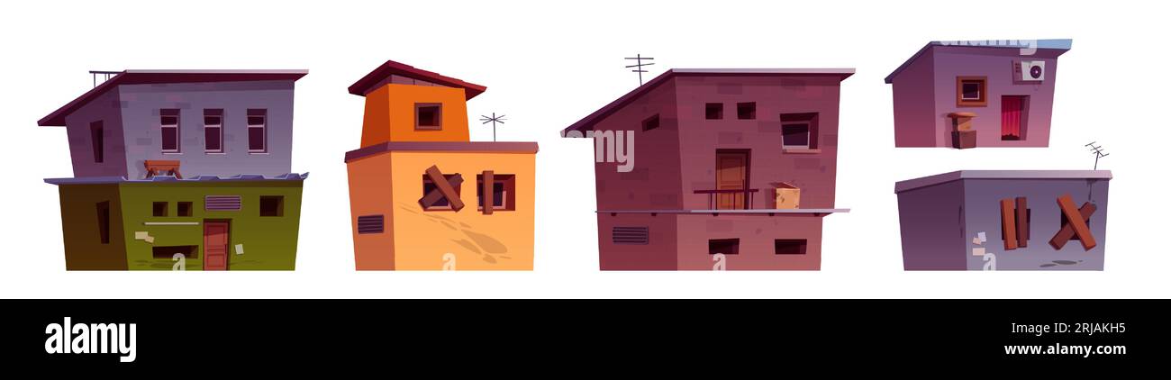 Set di cartoni animati di povere case di ghetto isolate su sfondo bianco. Illustrazione vettoriale di edifici slum, quartiere cittadino abbandonato, baracche economiche con facciate sporche danneggiate, finestre a bordo, area criminale Illustrazione Vettoriale